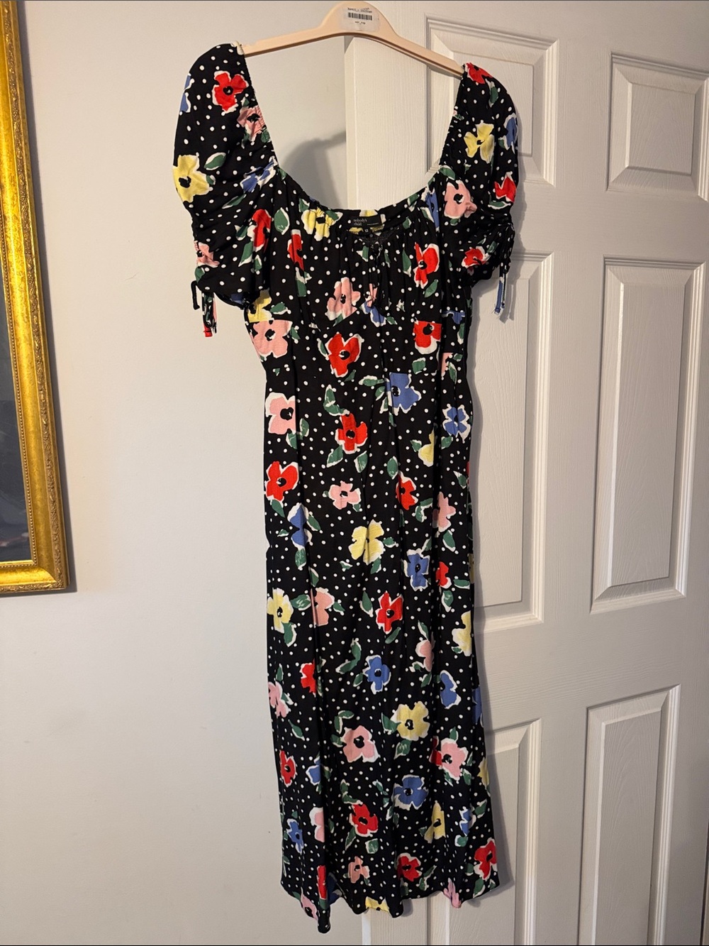 Floral Polka Dot Puff-Sleeve Black Midi Dress with Multicolor Blooms